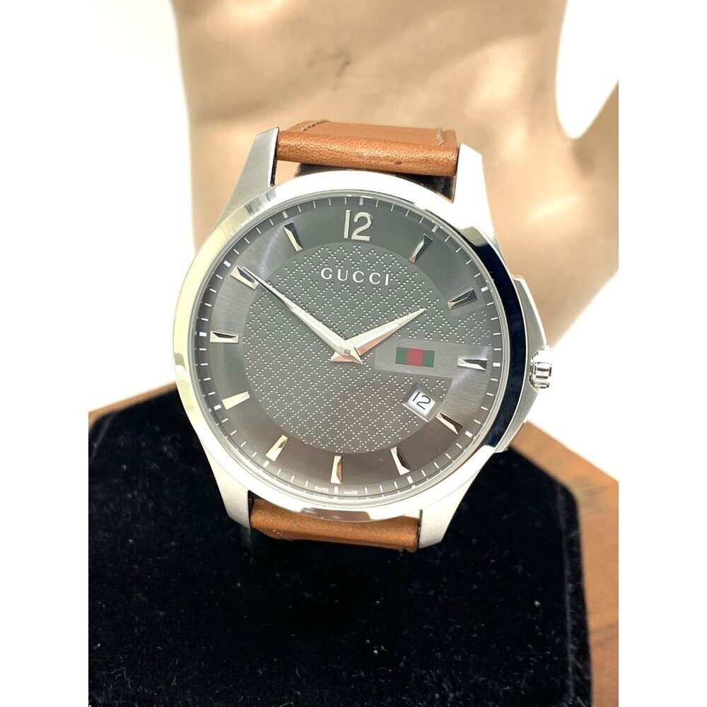 Gucci Men's Watch YA126302 G-Timeless Swiss Quartz Gray Dial Brown Leather 40mm